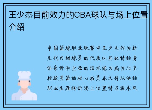 王少杰目前效力的CBA球队与场上位置介绍