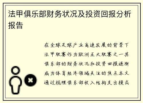 法甲俱乐部财务状况及投资回报分析报告
